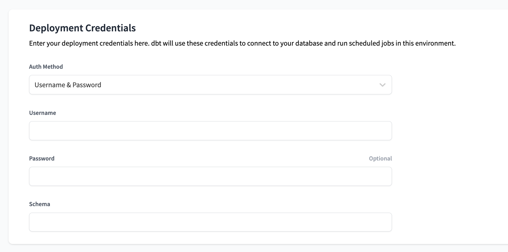 Snowflake Deployment Credentials Settings